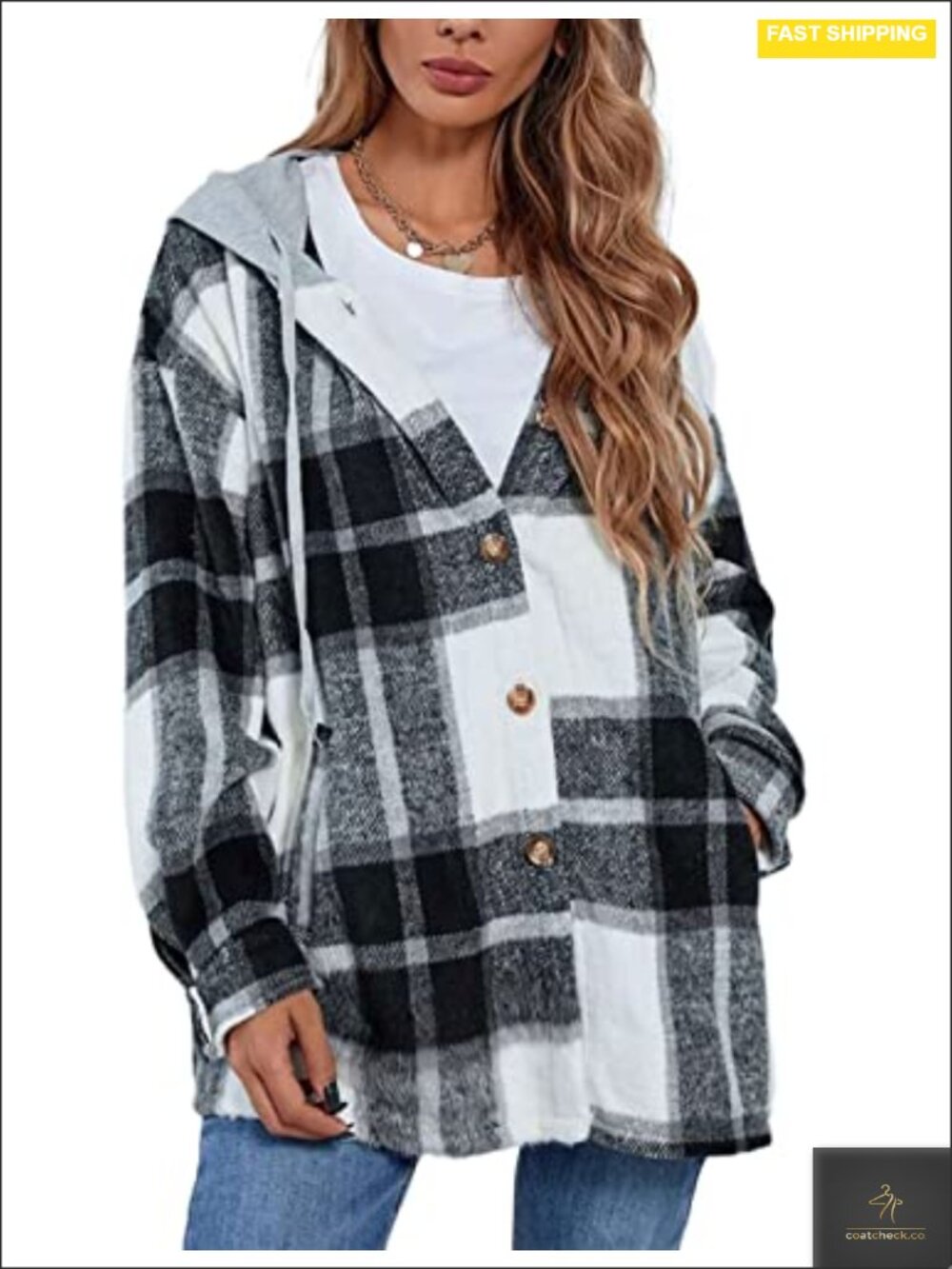 Oversized Flannel Plaid Shacket Jacket with Hood Long Sleeve Button Down Hoodie